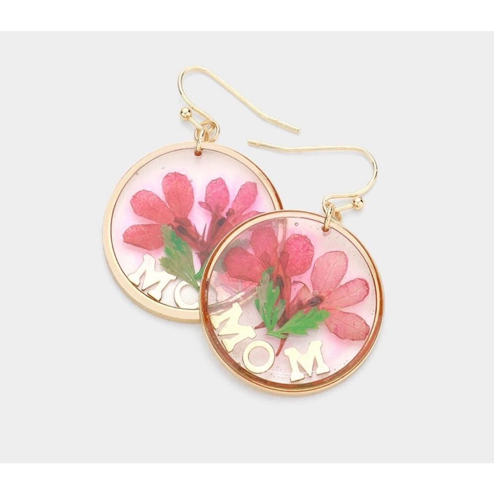 New Womens Boutique MOM Pressed Flower Clear Lucite Round Dangle Earrings